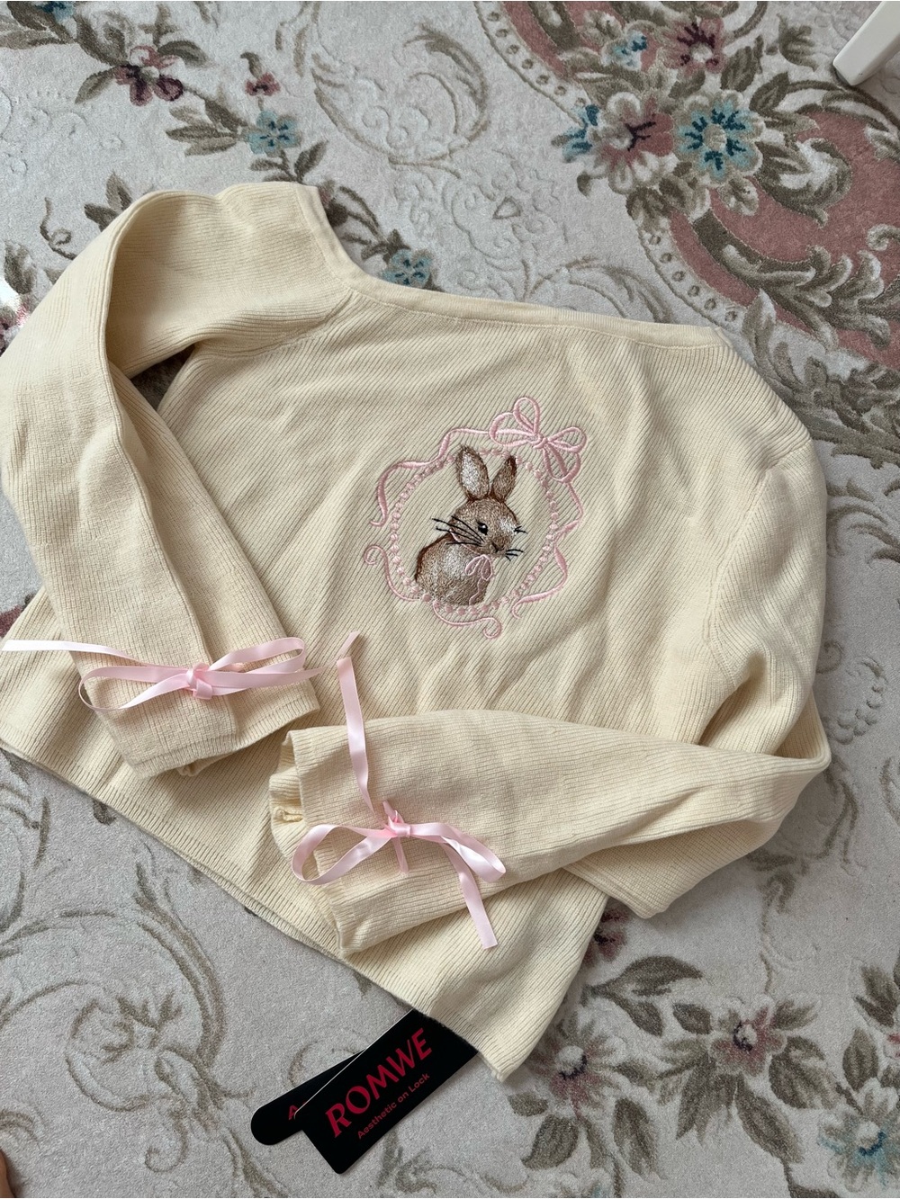 ROMWE Cream Knit Sweater with Bunny Embroidery and Pink Ribbon Cuff Details